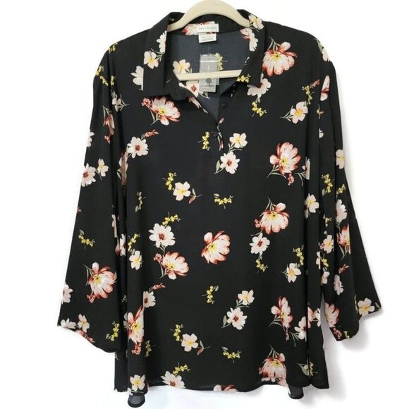 Van Heusen Tops - Van Heusen Black Floral Boho Lightweight Semi Sheer Popover Blouse Top XXL 2XL